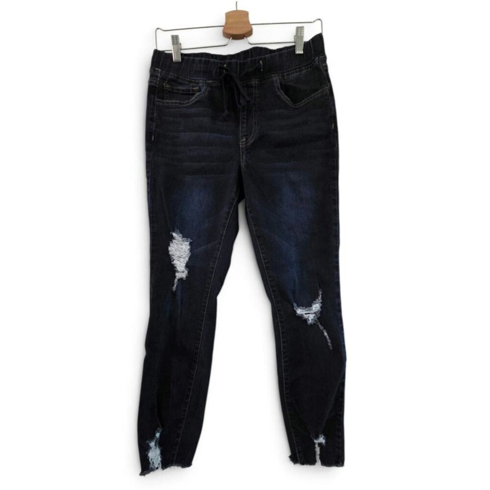 YMI Women's Small Pull On Jeans Dark Wash Distressed Ripped Frayed Ankle
